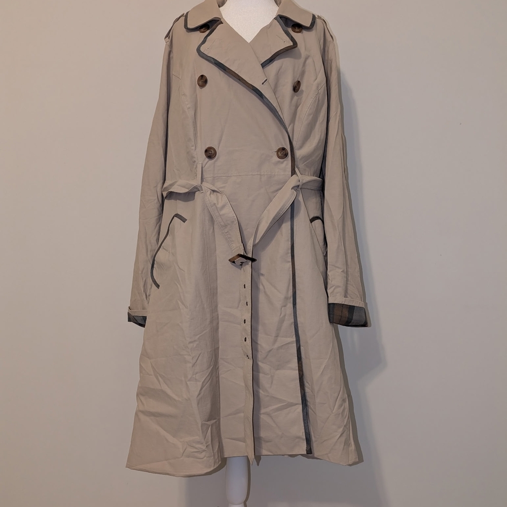 Outlander Light Beige Double-Breasted Trench Coat with Dark Plaid Trim